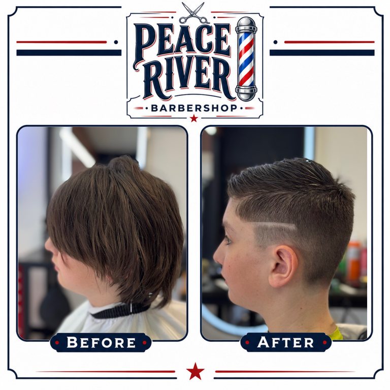 Branded comparison showing a longer kids haircut before and the finished shorter cut after