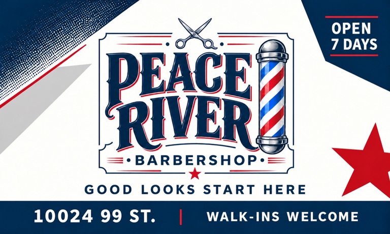 Business card front: Peace River Barbershop. Good Looks Start Here. 10024 99 St. Walk-ins welcome. Open seven days.